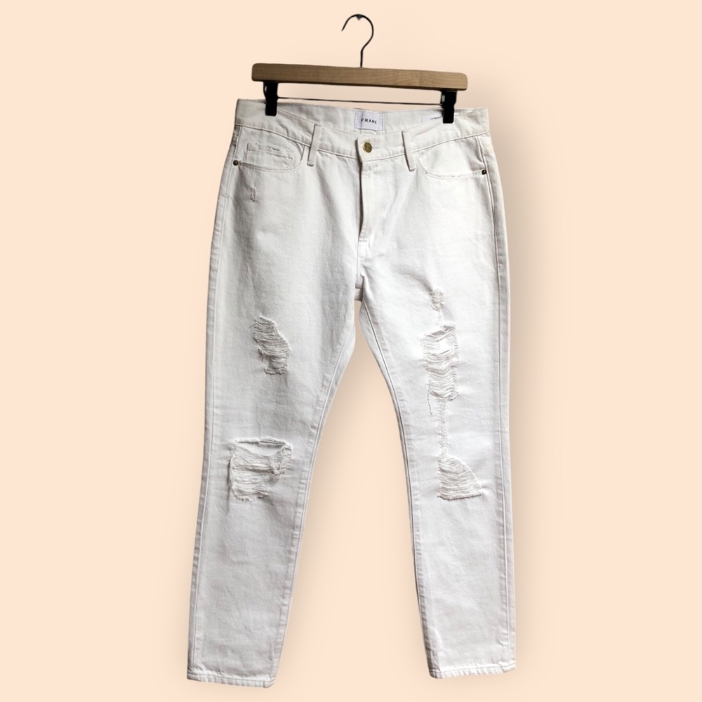 FRAME NWT Le Garçon Mid Rise Straight Fit White Denim Jeans Distressed Women 27